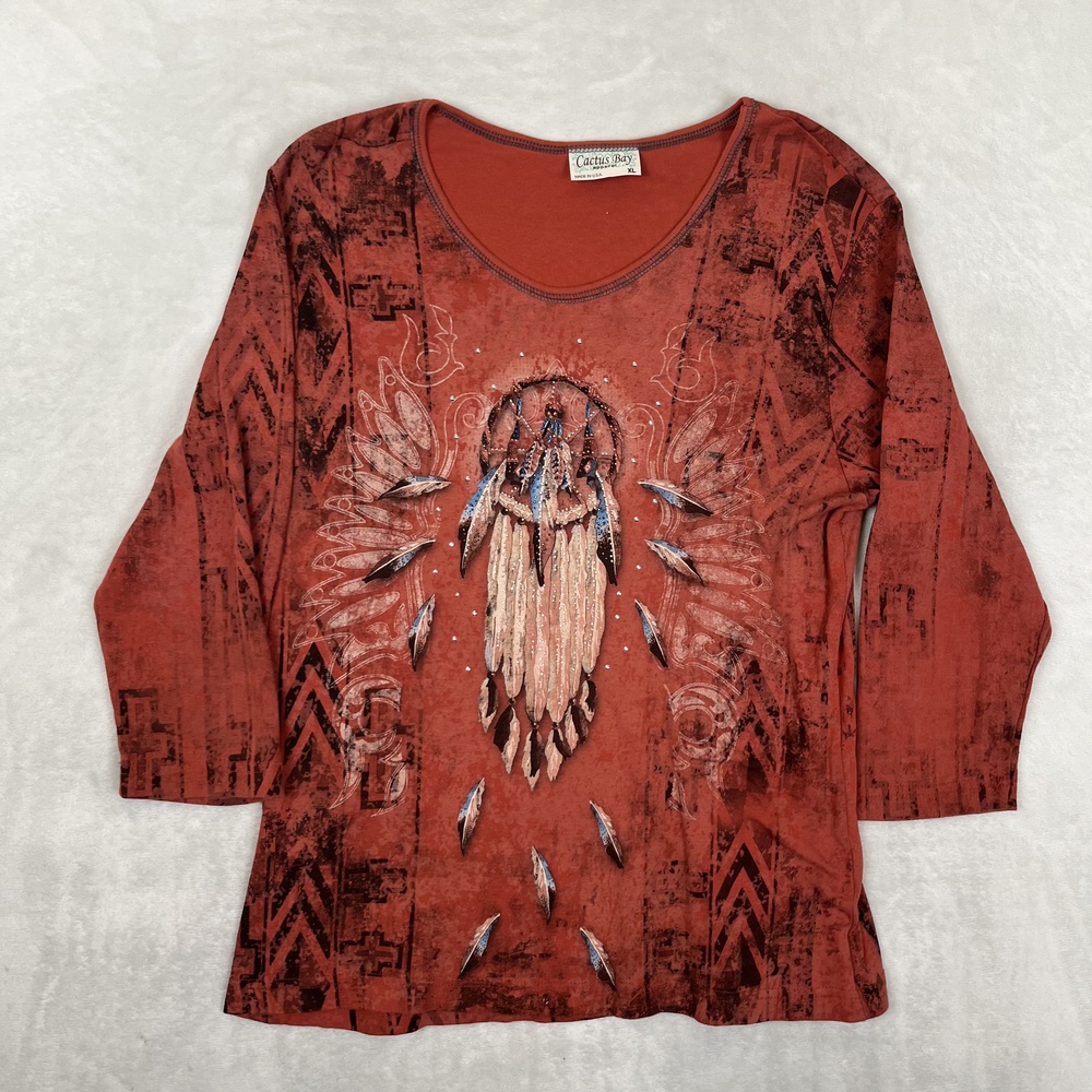 Cactus Bay T-Shirt Womens XL Orange Dreamcatcher Feather Rhinestone Tunic Top